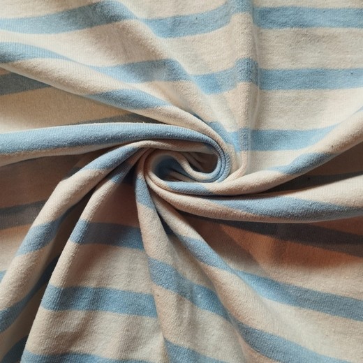 Bonica tela Jersey de Ratlles Blau Cel sobre Beix Amplada 165cm